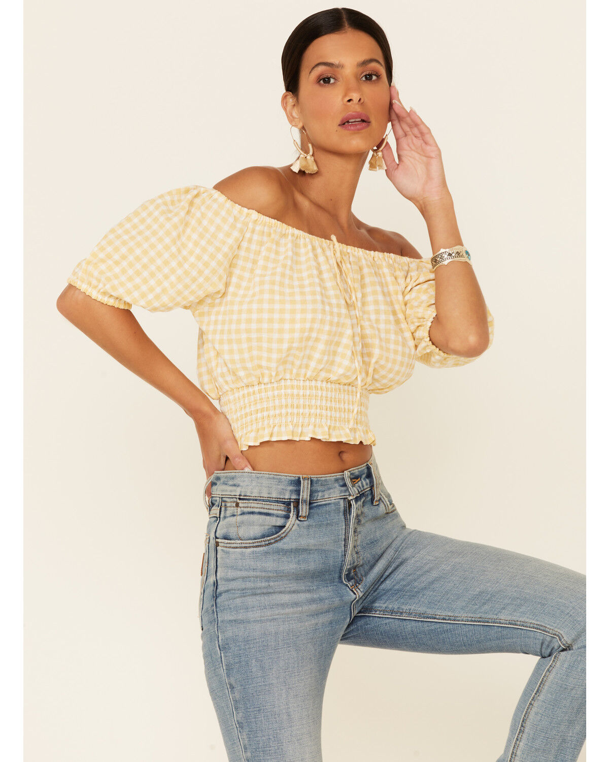 Image #1 - Beyond The Radar Women's Gingham Off-Shoulder Peasant Crop Top, , hi-res