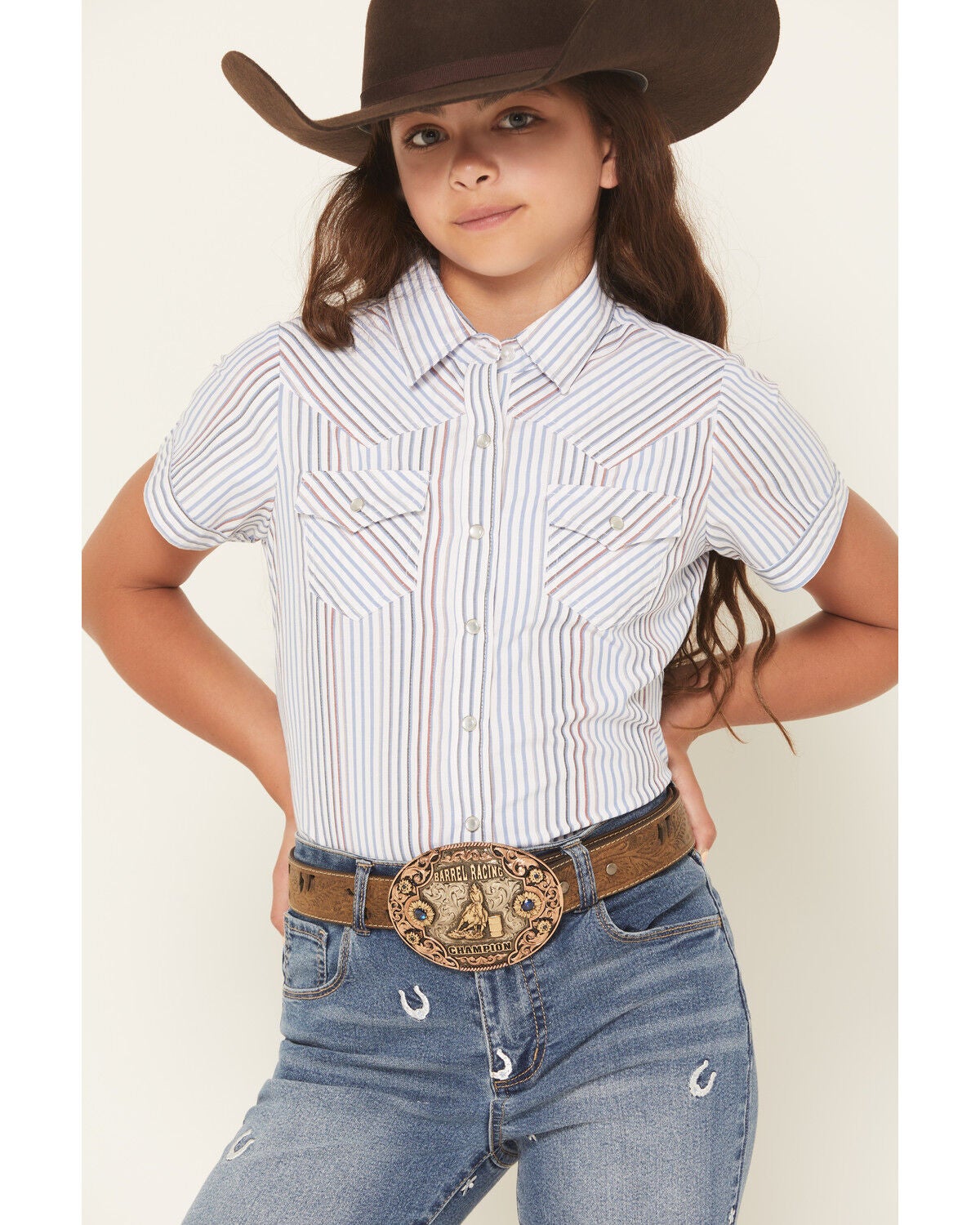 Image #3 - Ely Walker Girls' Flower Yoke Sleeveless Snap Western Shirt, White, hi-res