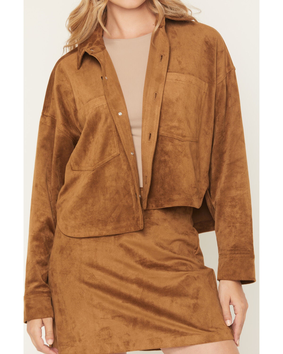 Image #3 - White Crow Women's All Day Faux Suede Cropped Button-Down Shirt, Brown, hi-res