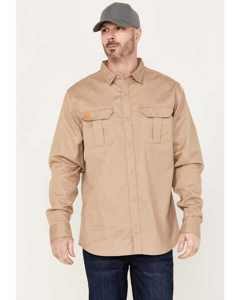 Hawx Men's FR Solid Long Sleeve Button Down Woven Work Shirt - Big & Tall, Beige/khaki, hi-res