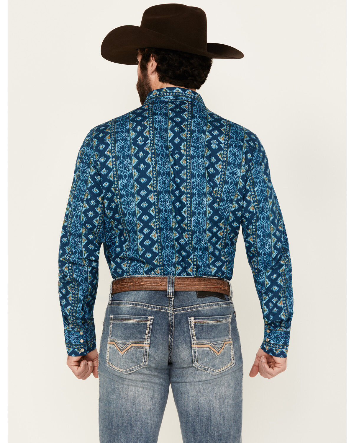 Image #4 - Wrangler Men's Checotah Southwestern Striped Long Sleeve Pearl Snap Western Shirt, Blue, hi-res