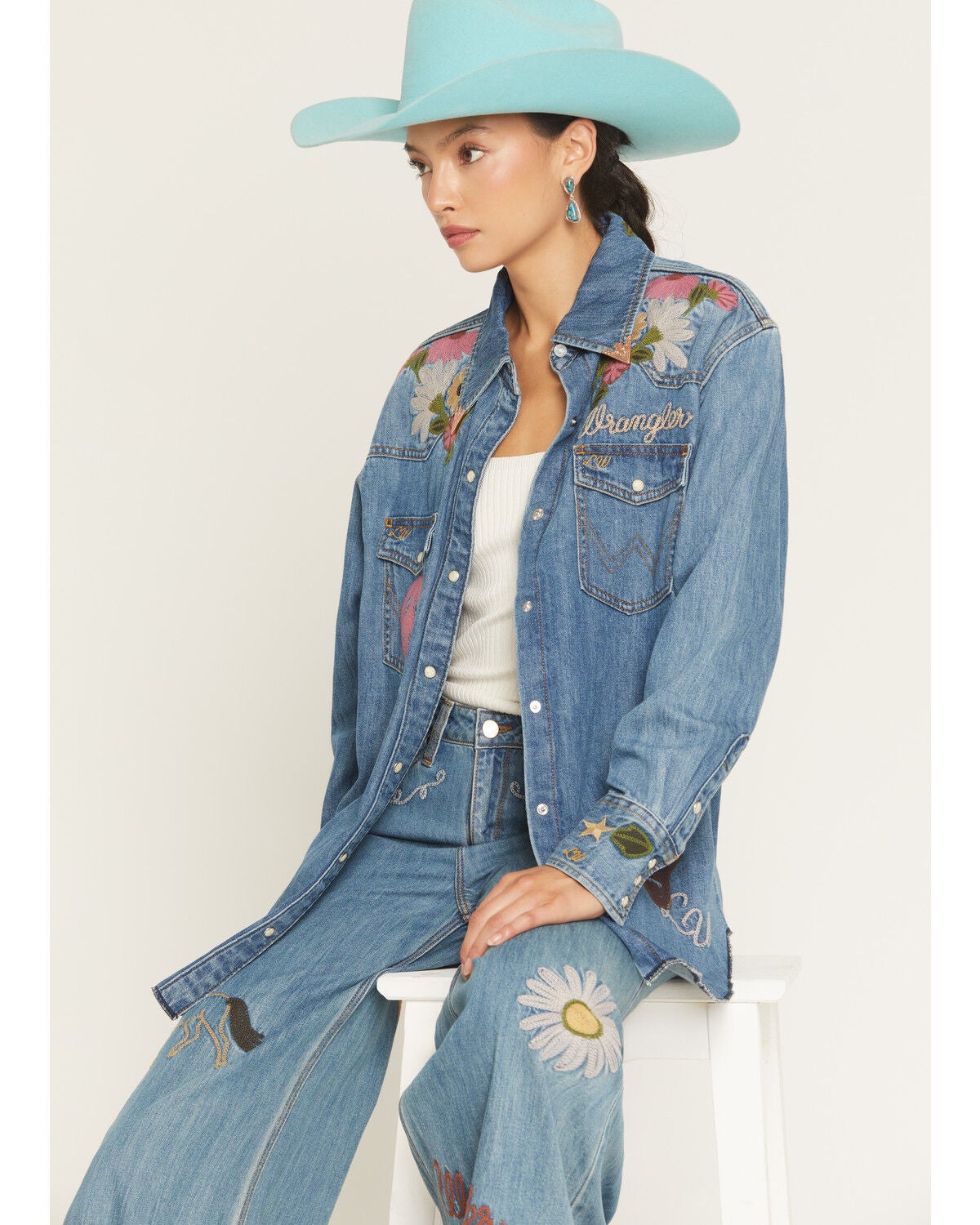 Wrangler X Lainey Wilson Women's Floral Embroidered Long Sleeve Snap Denim Shirt, Blue, hi-res
