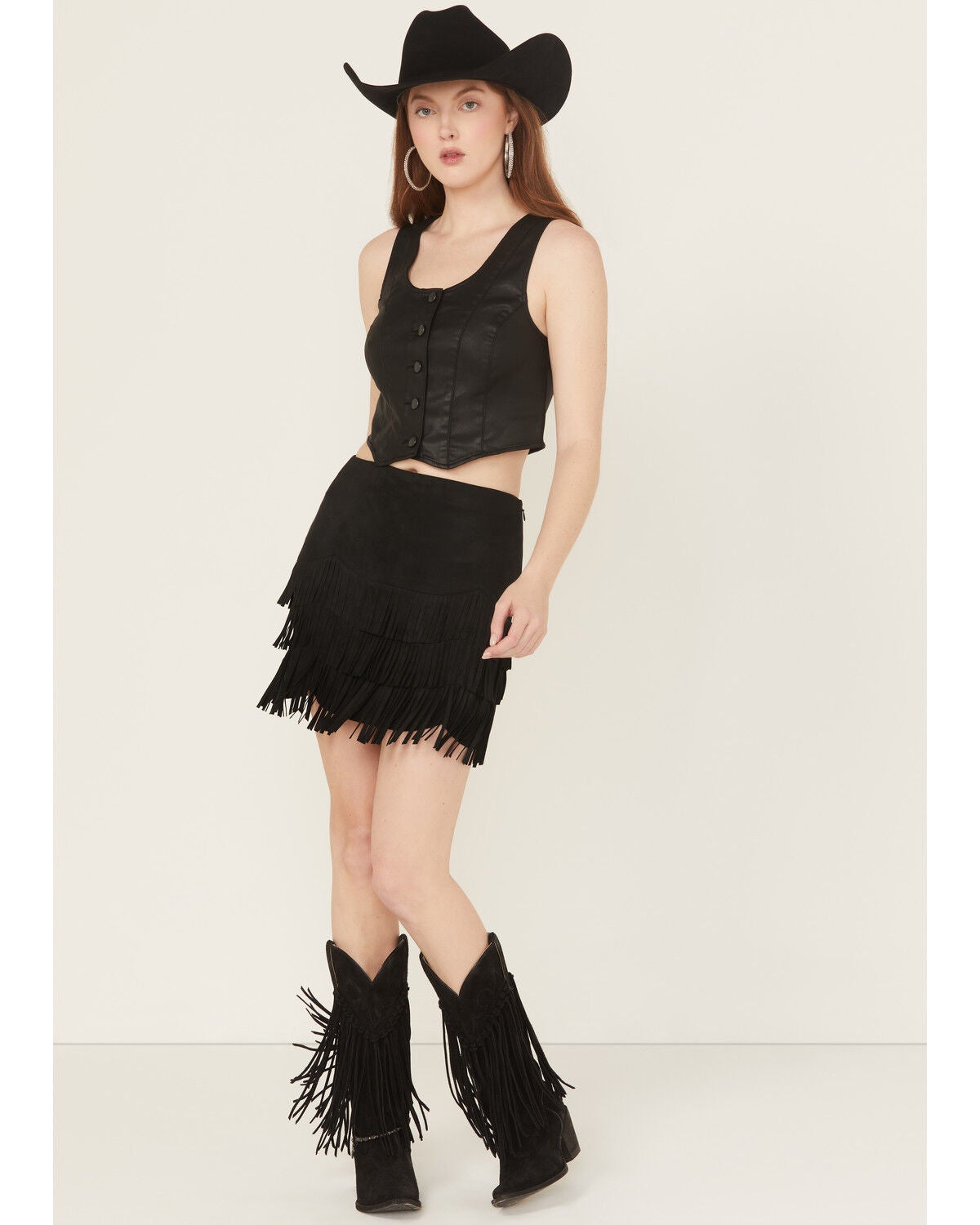 Idyllwind Women's Lindale Faux Suede Fringe Mini Skirt, Black, hi-res