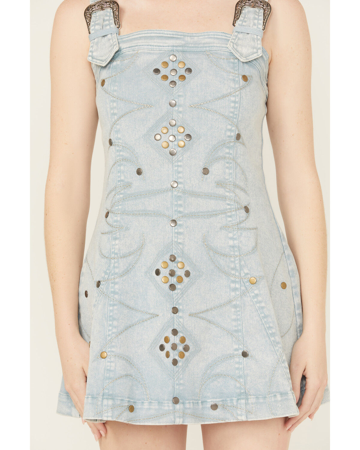 Image #3 - Blue B Women's Light Wash Embellished Buckle Strap Denim Mini Dress, Light Wash, hi-res