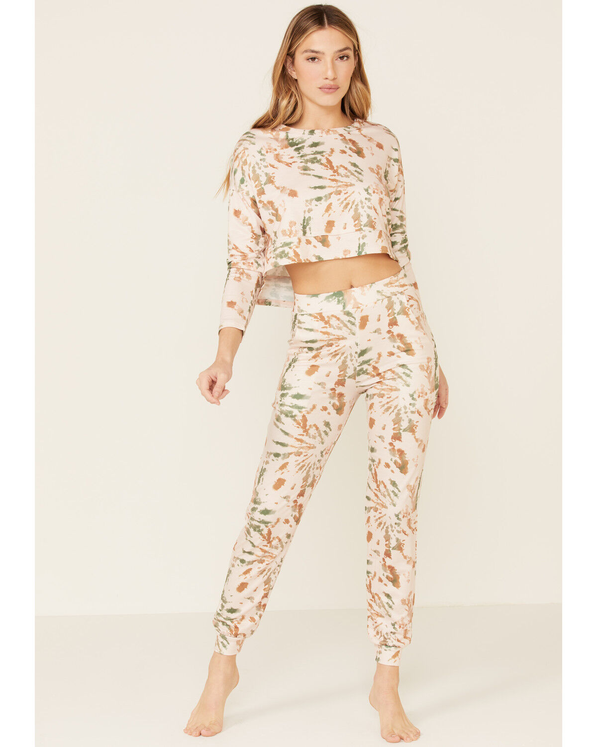 Image #1 - Peach Love Women's Cropped Splatter Print Sweatpants, Tan, hi-res