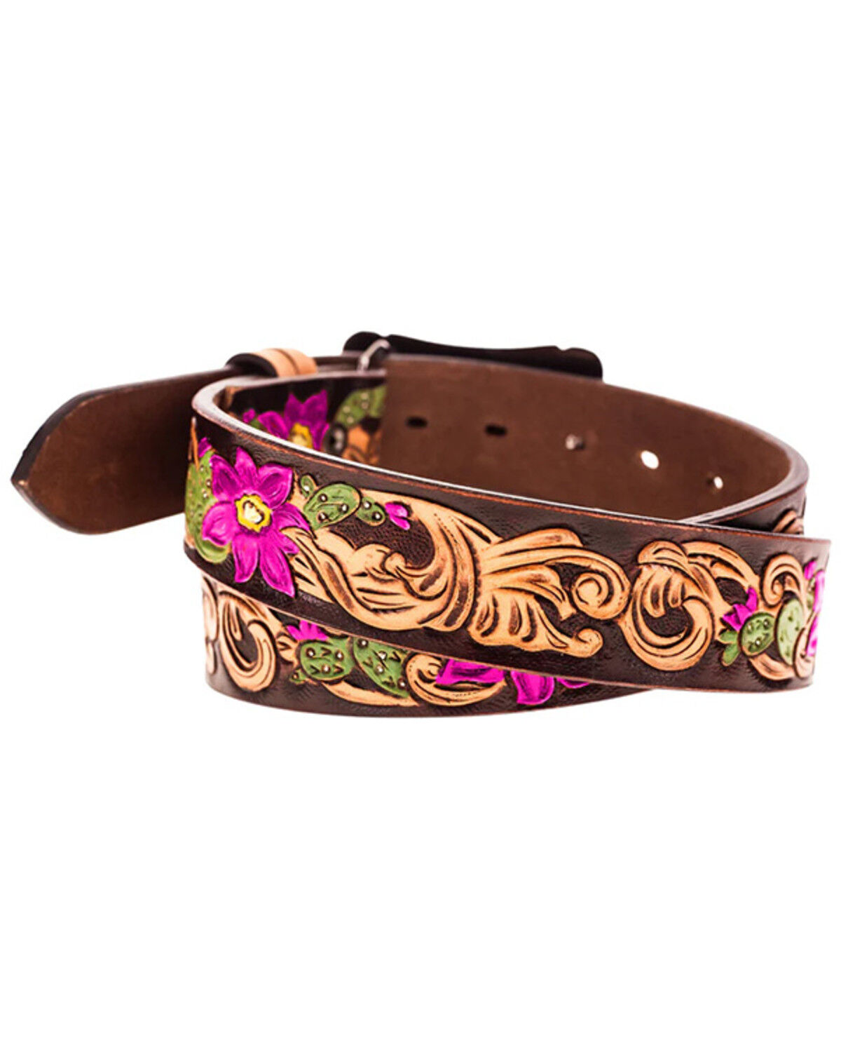 Image #2 - Hooey Women's Senorita Tooled Floral Painted Buckle Belt, Pink, hi-res
