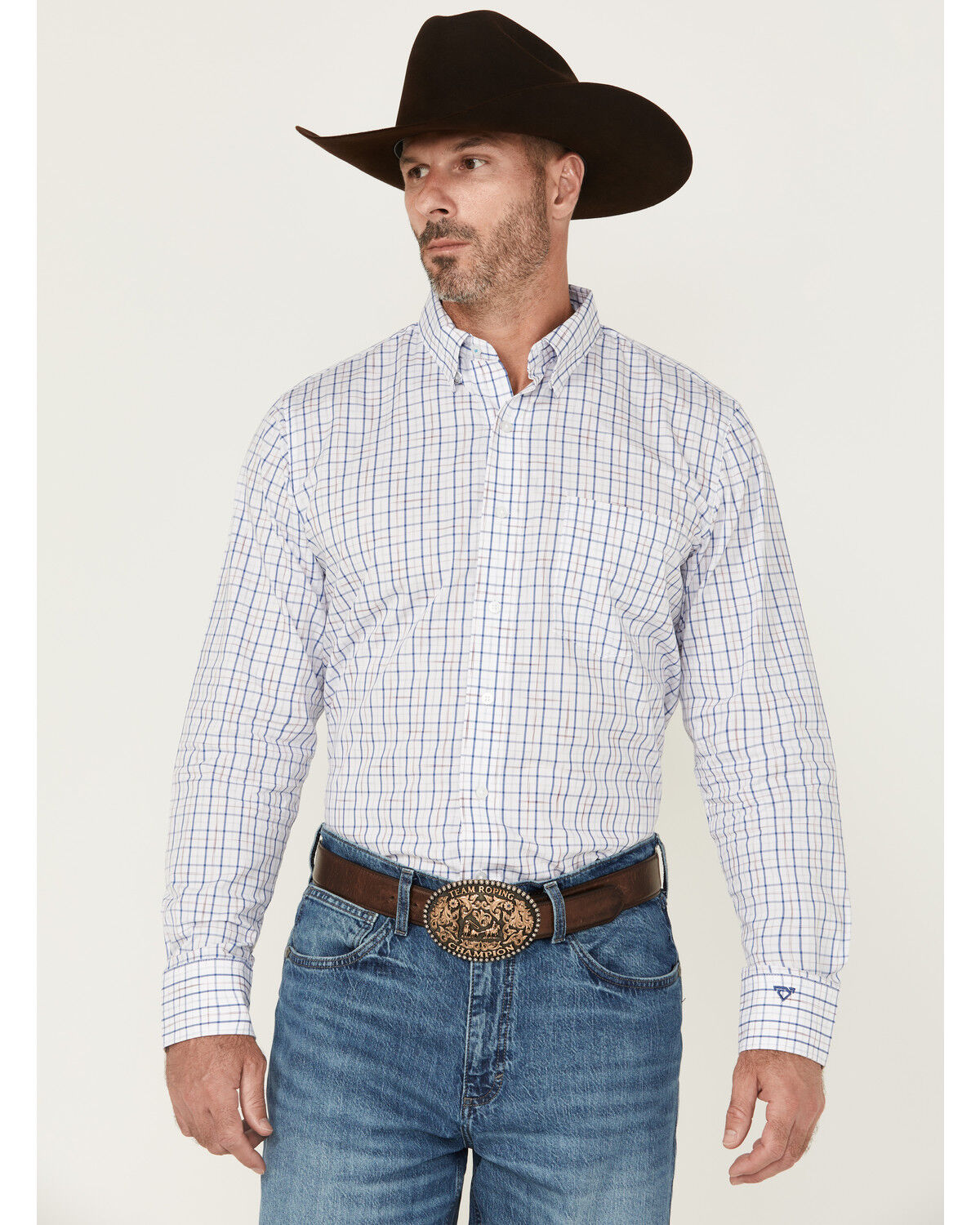 Image #1 - Wrangler X Cody Johnson Men's Checkered Print Long Sleeve Button-Down Western Shirt, White, hi-res