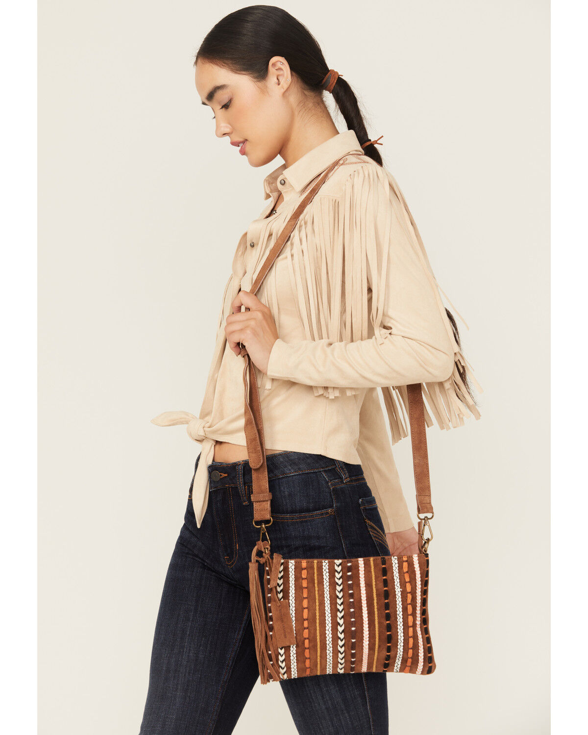 Image #1 - Shyanne Women's Wysteria Suede Woven Striped Crossbody Bag, Brown, hi-res