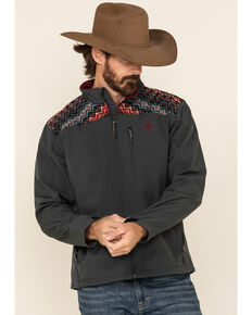 HOOey Men's Charcoal Aztec Softshell Zip-Up Jacket , Charcoal, hi-res