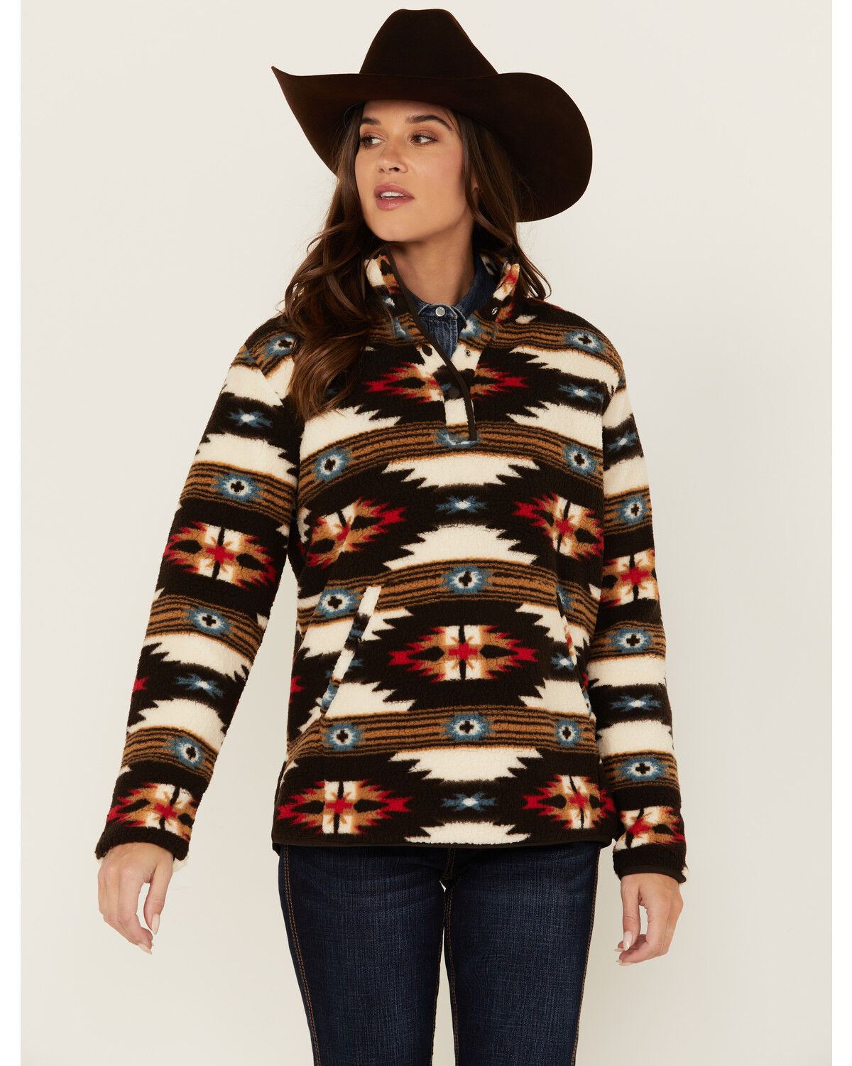 Image #1 - Wrangler Women's Southwestern Print 1/2 Zip Sherpa Fleece Pullover, Brown, hi-res