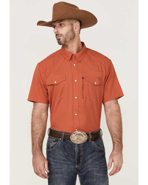 RANK 45 Men's 8 Seconds Short Sleeve Snap Western Tech Shirt , Medium Red, hi-res