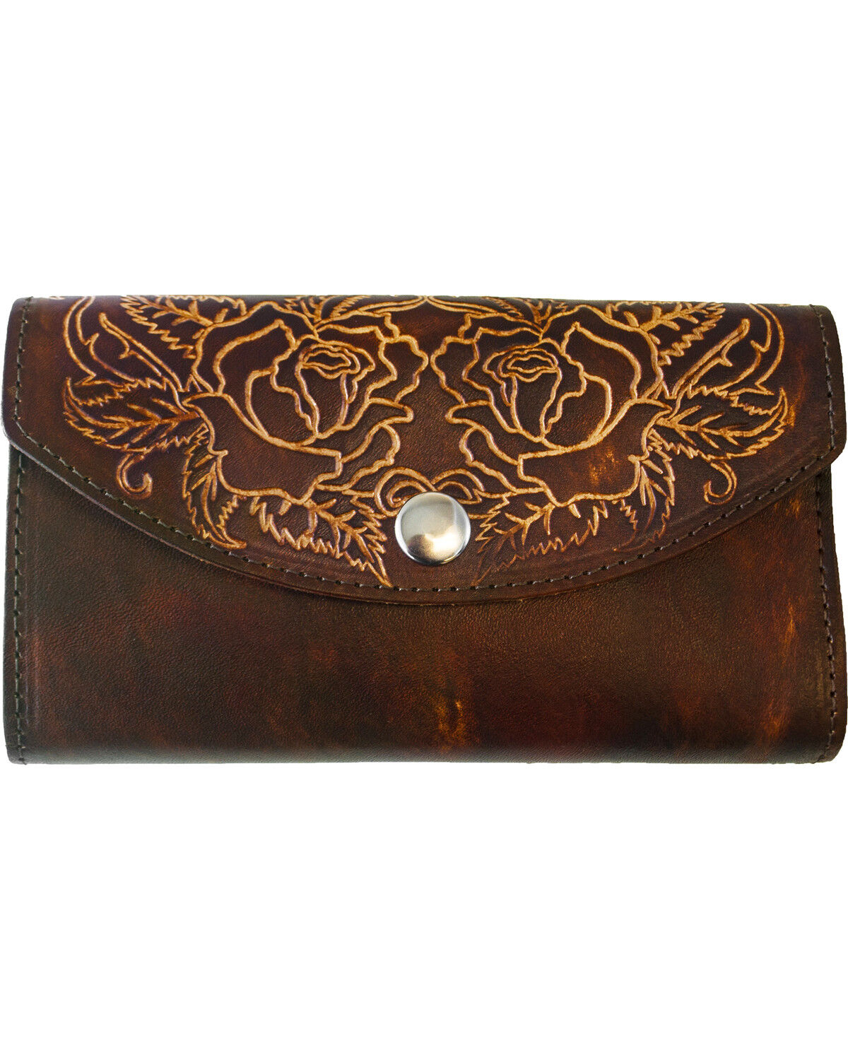 Image #1 - Western Express Women's Rose Tooled Leather Organizer Wallet, Brown, hi-res