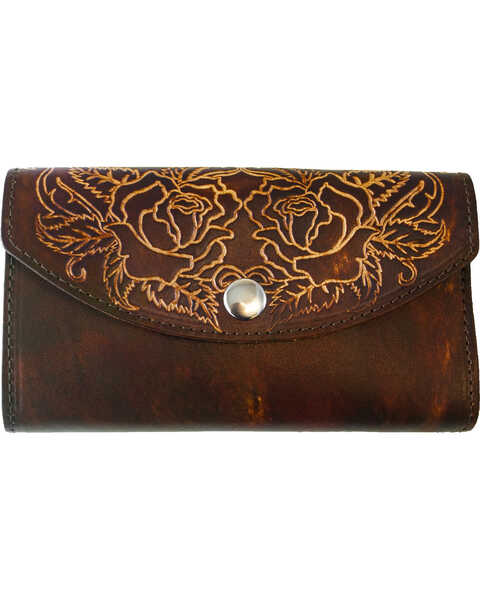 Image #1 - Western Express Women's Rose Tooled Leather Organizer Wallet, Brown, hi-res