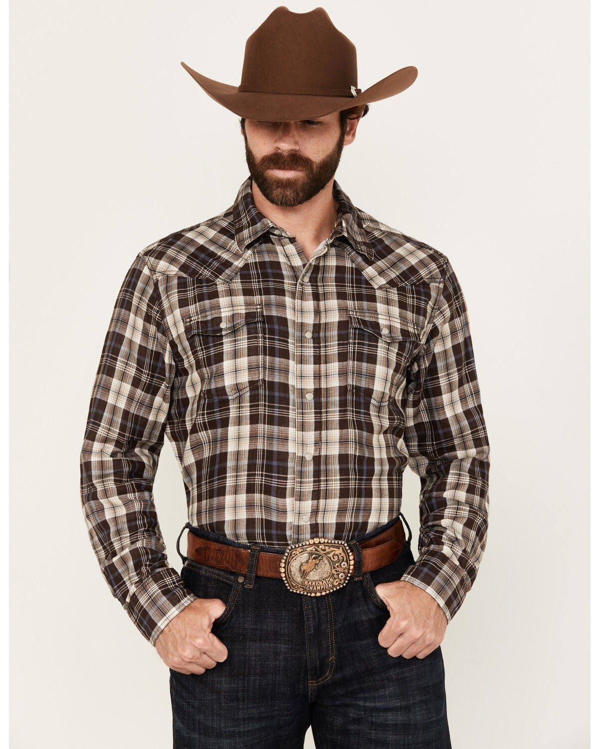 Image #1 - Wrangler Retro Men's Plaid Print Long Sleeve Snap Western Shirt, Brown, hi-res