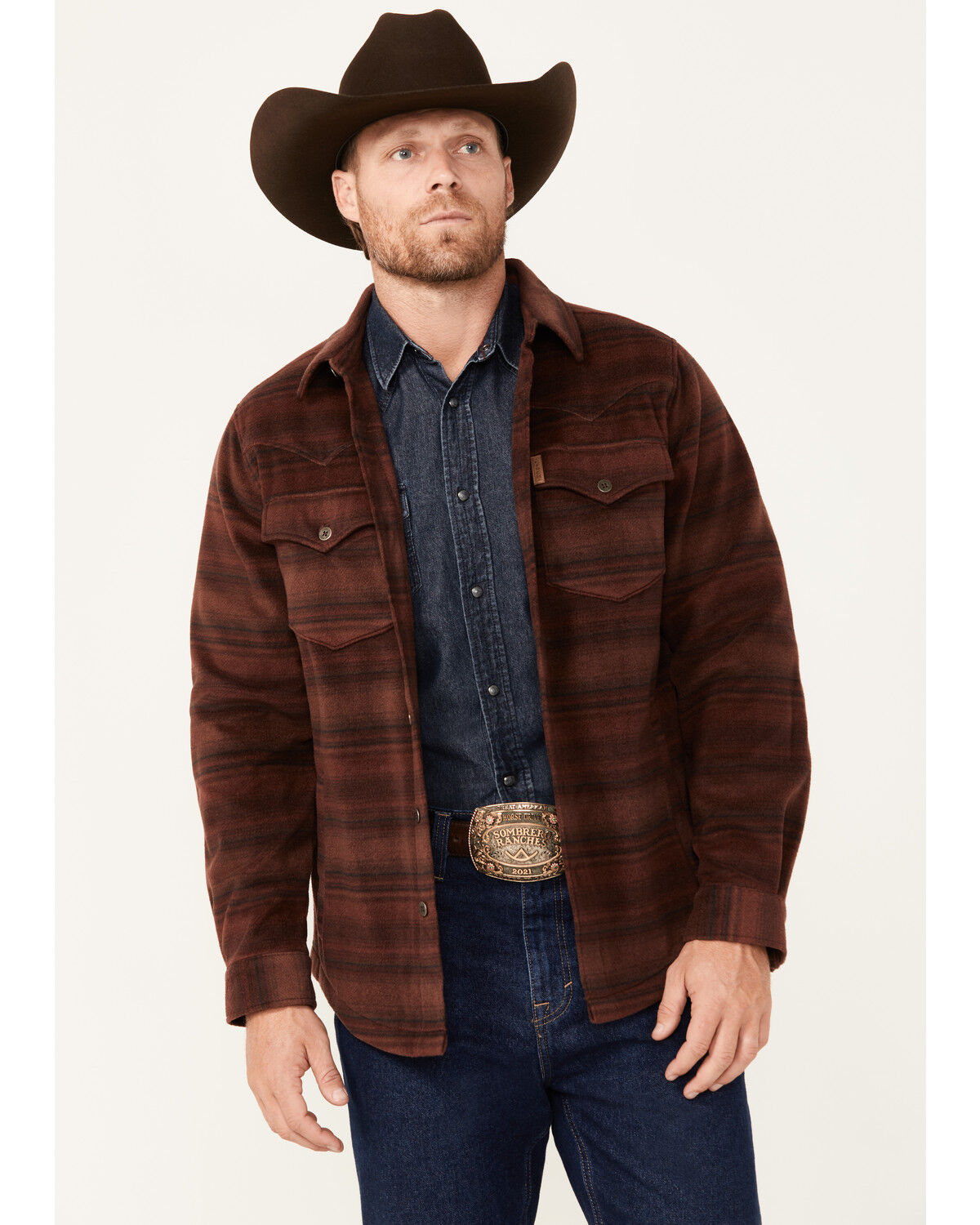 Image #1 - Cinch Men's Polar Fleece Striped Long Sleeve Flannel Jacket, , hi-res