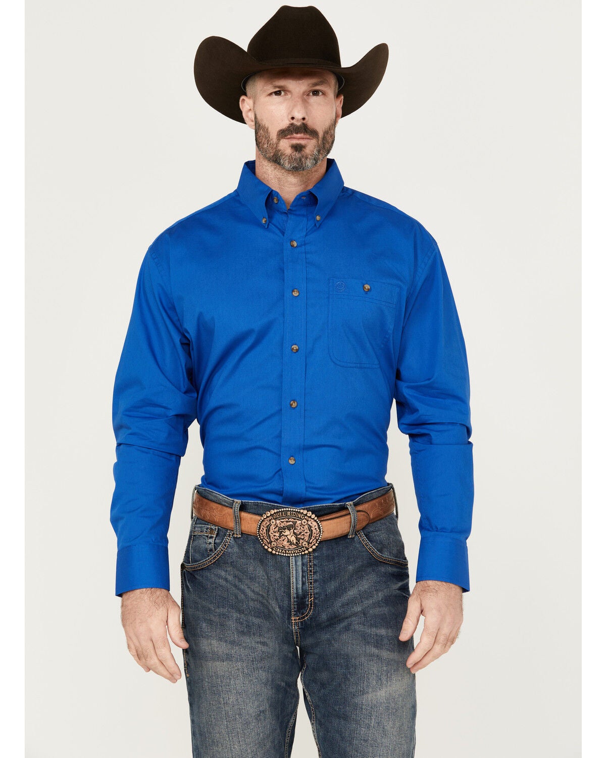 George Strait by Wrangler Men's Solid Long Sleeve Button-Down Stretch Western Shirt, Royal Blue, hi-res