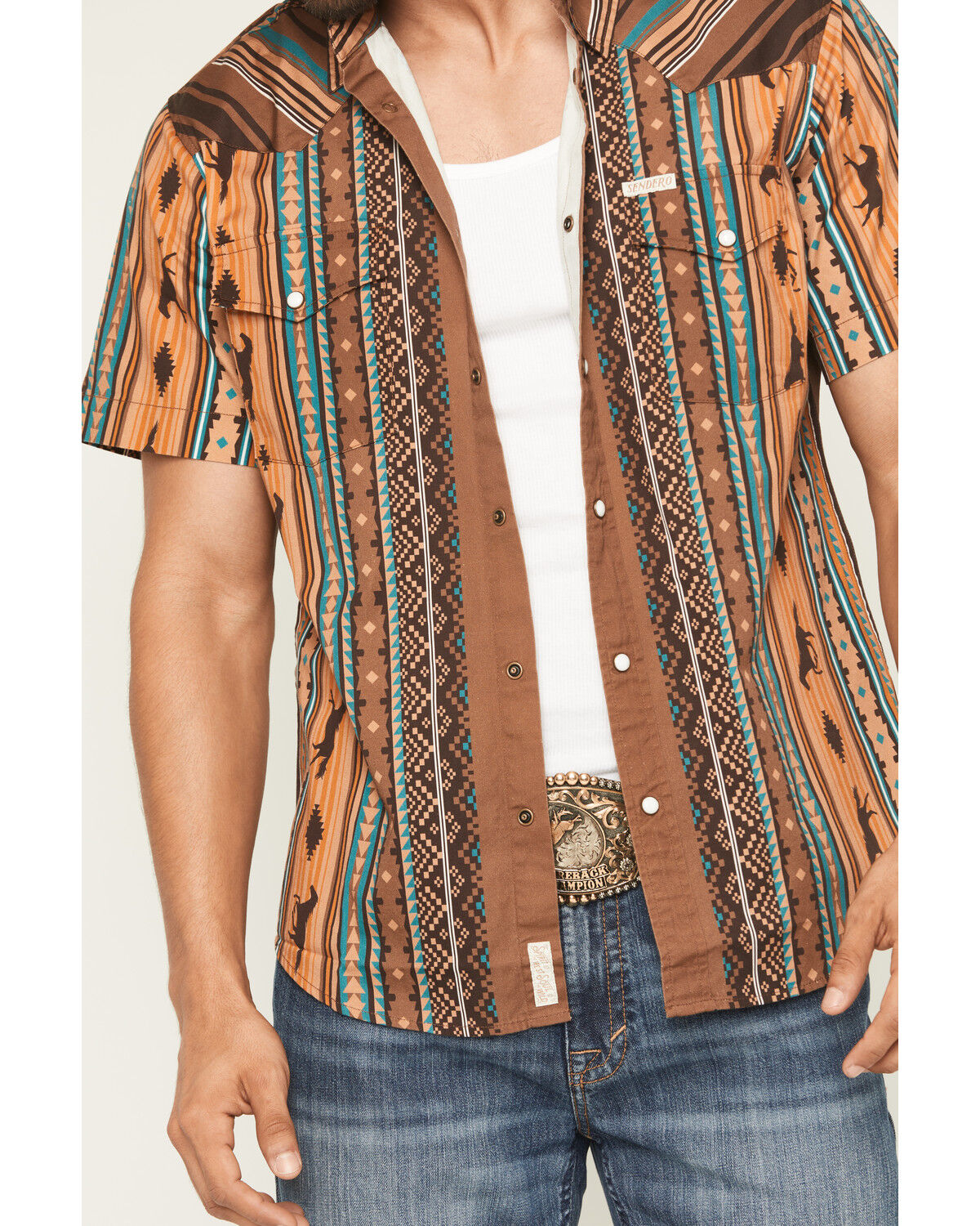 Image #3 - Sendero Provisions Men's Wyatt Southwestern Serape Striped Short Sleeve Snap Western Shirt, Brown, hi-res