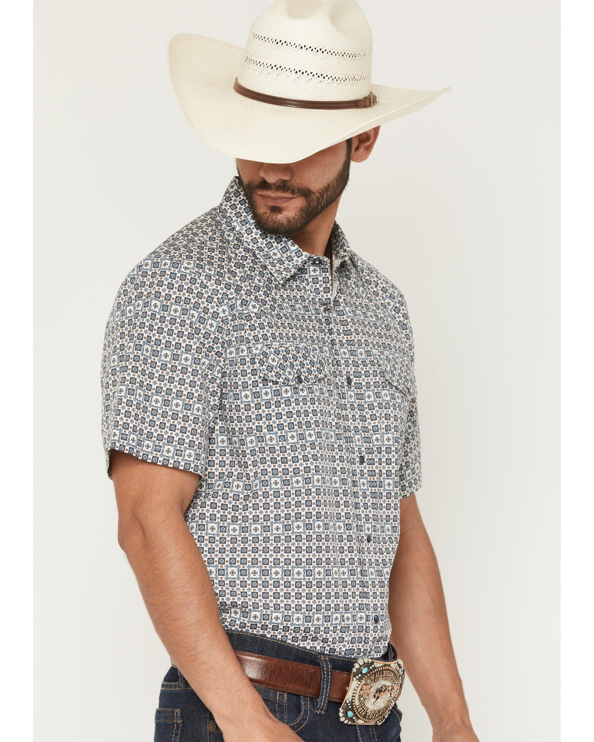 Image #2 - Gibson Trading Co Men's haven Geo Print Short Sleeve Snap Western Shirt - Tall, Light Blue, hi-res