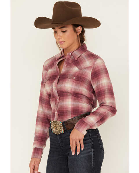 Image #2 - Cumberland Outfitters Women's Plaid Print Long Sleeve Pearl Snap Western Flannel Shirt, Rust Copper, hi-res