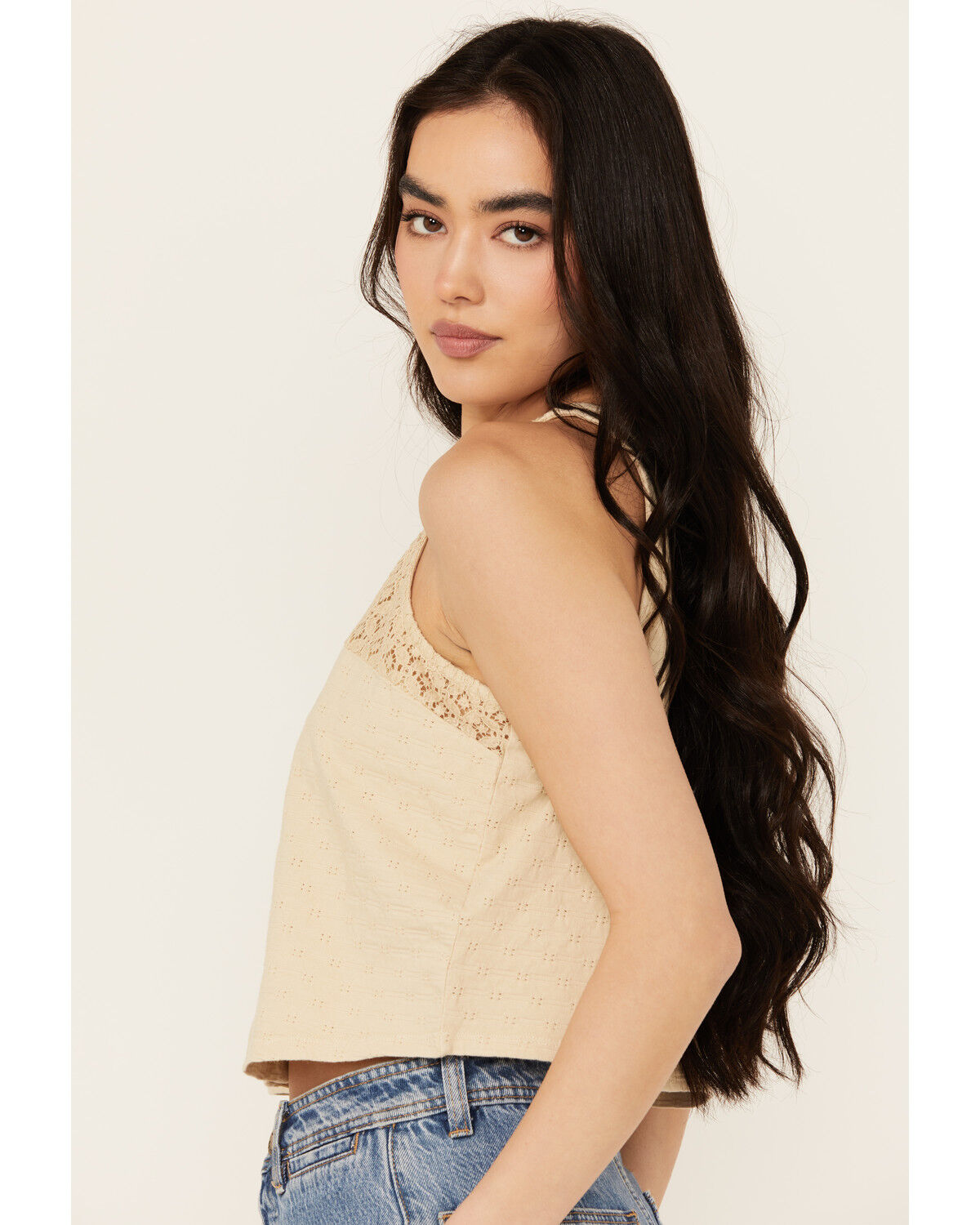 Image #2 - Cleo + Wolf Women's Blaire Cropped Jacquard and Lace Tank, Oatmeal, hi-res