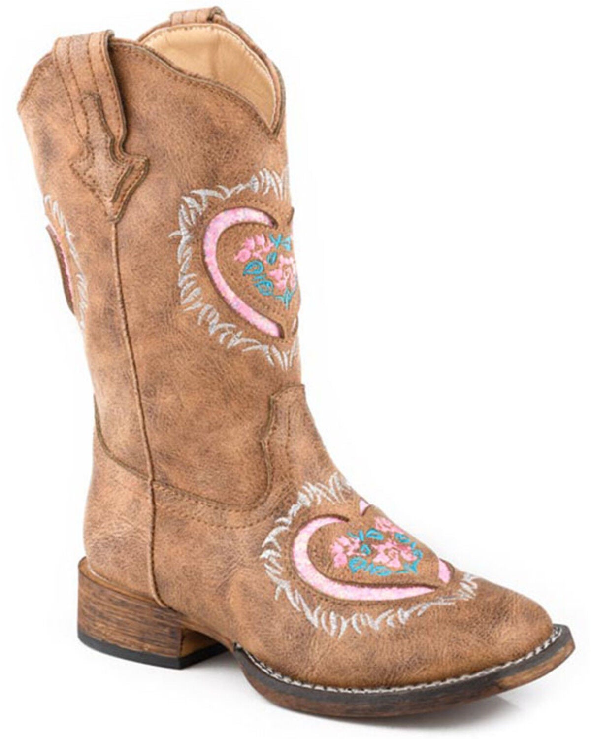Roper Girls' Lydia Inlay Western Boots - Broad Square Toe, Tan, hi-res