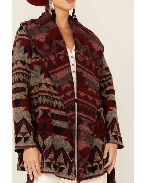 Cripple Creek Women's Wine Navajo Tie-Front Blanket Hooded Wrap Jacket , Wine, hi-res
