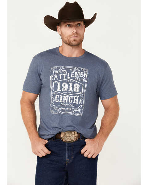 Cinch Men's Cattleman Saloon Outlaws Welcome Short Sleeve Graphic T-Shirt, Blue, hi-res
