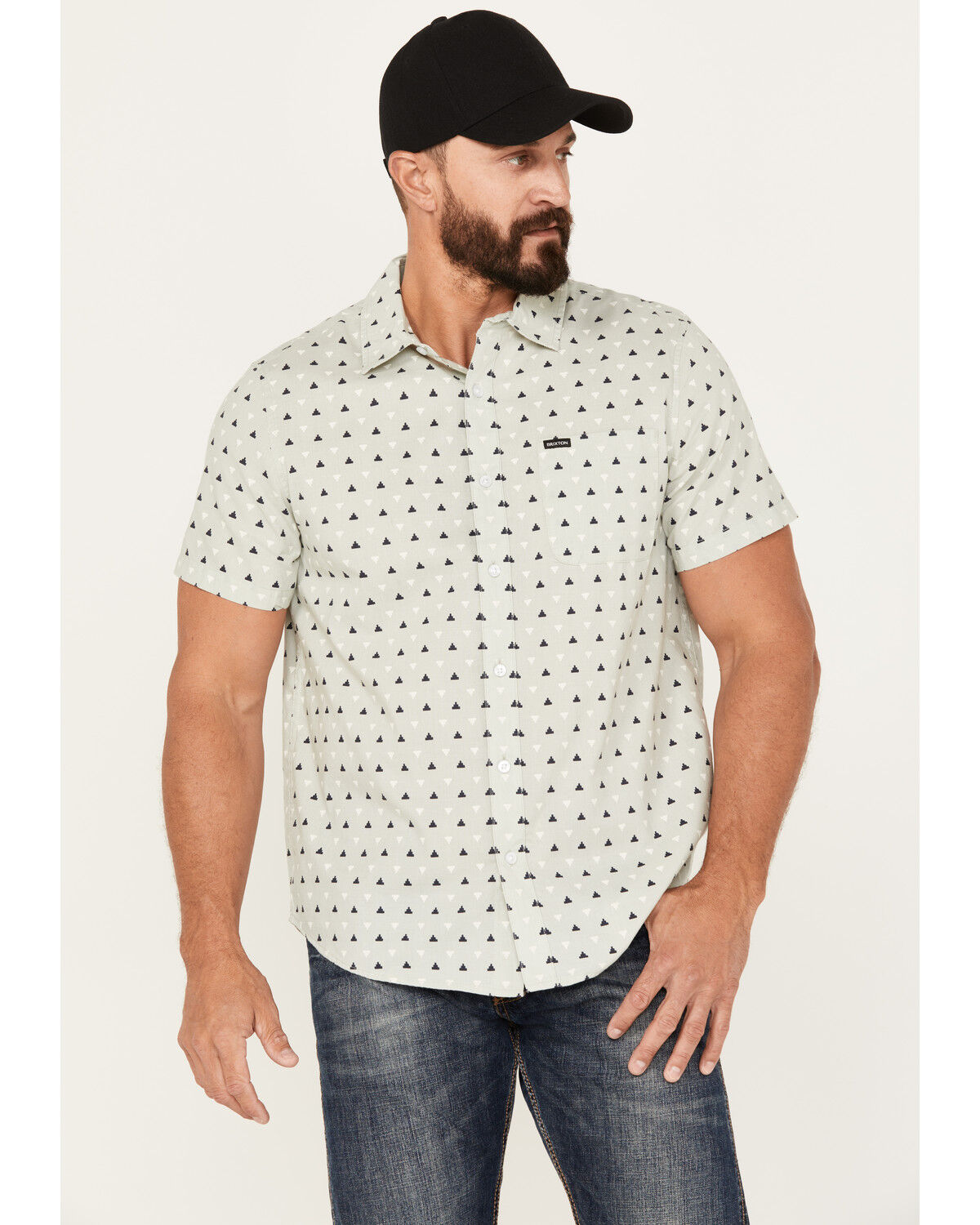 Image #1 - Brixton Men's Charter Geo Print Short Sleeve Stretch Button-Down Shirt, Light Grey, hi-res