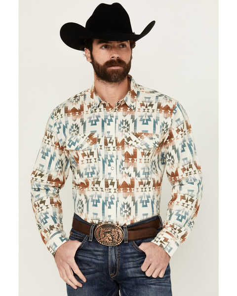 Image #1 - RANK 45® Men's Bucknell Southwestern Print Long Sleeve Pearl Snap Western Shirt , Ivory, hi-res