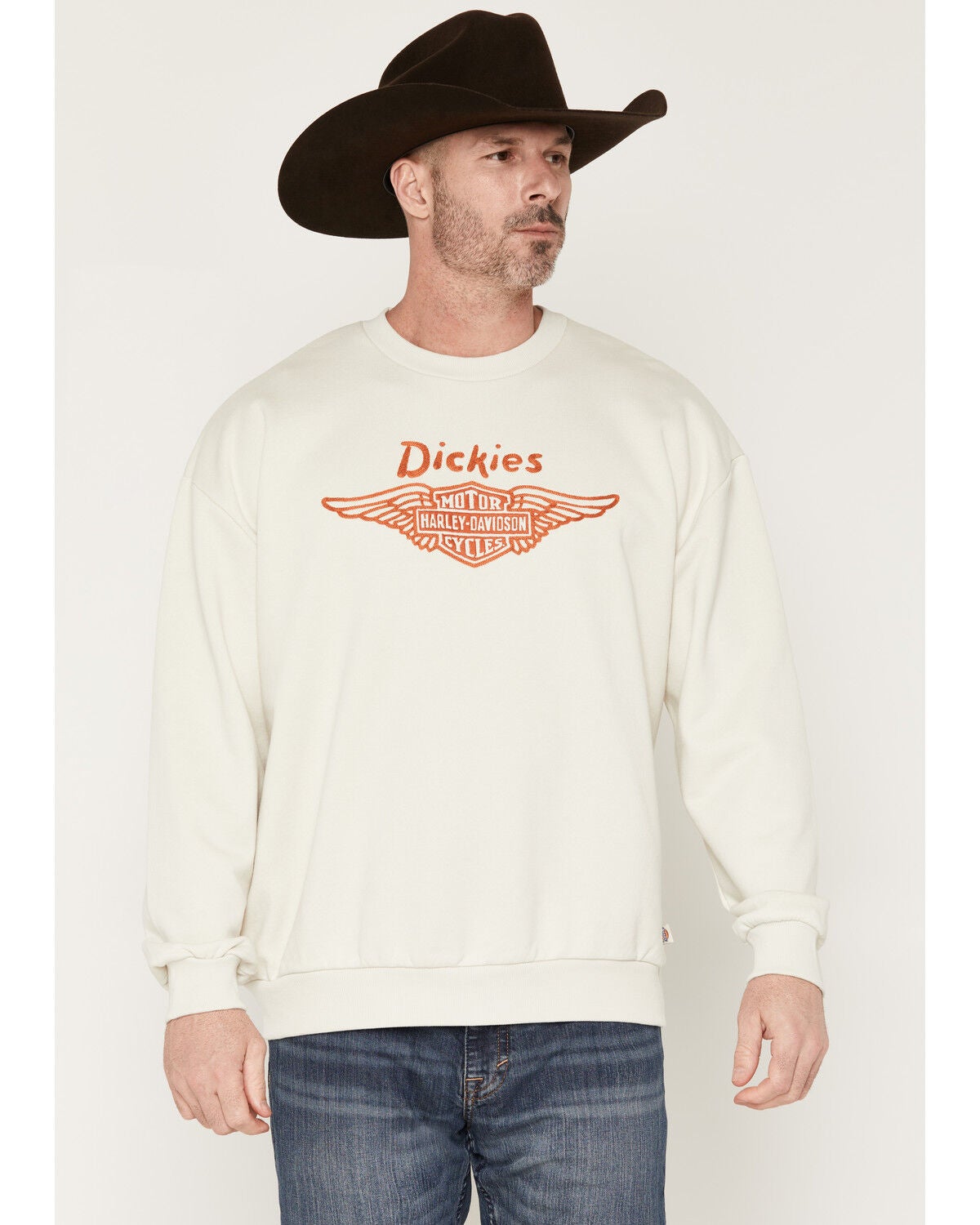 Image #1 - Dickies X Harley Davidson Men's Embroidered Logo Crewneck, Cream, hi-res
