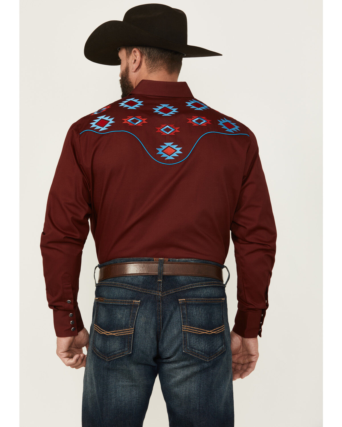 Image #4 - Rodeo Clothing Men's Embroidered Yoke Long Sleeve Snap Western Shirt, Burgundy, hi-res