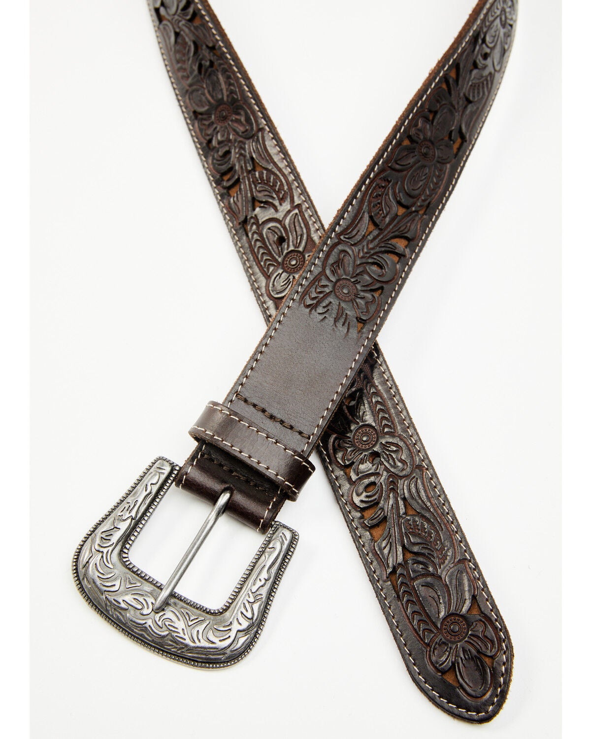 Cody James Men's Cyrus Floral Tooled Leather Belt, Dark Brown, hi-res