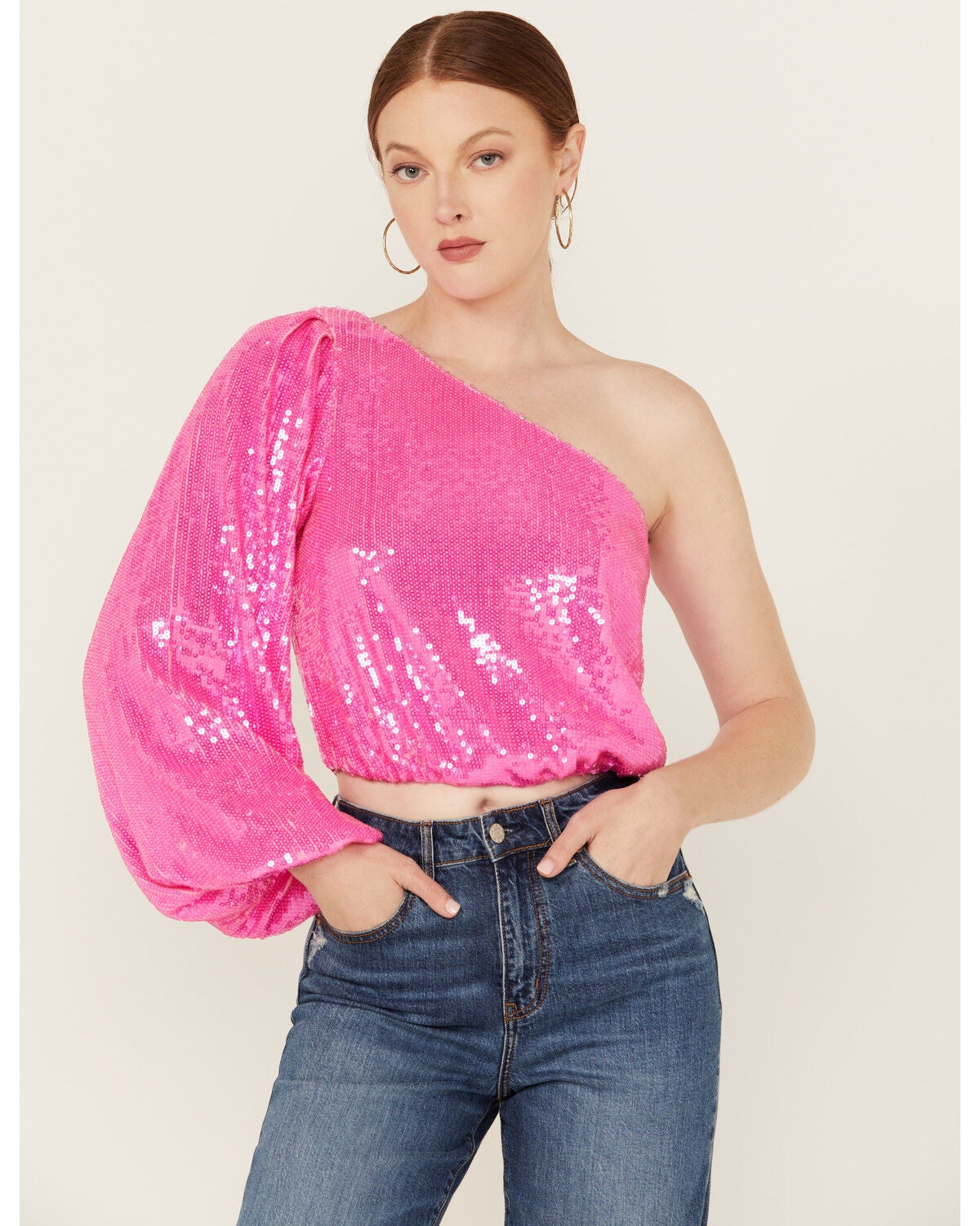 Show Me Your Mumu Women's Sequins Long Sleeve Party Top, Hot Pink, hi-res