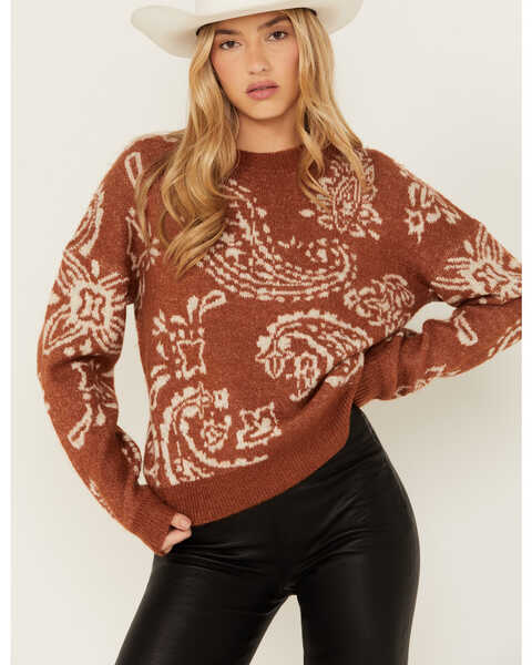 Very J Women's Paisley Print Sweater , Camel, hi-res