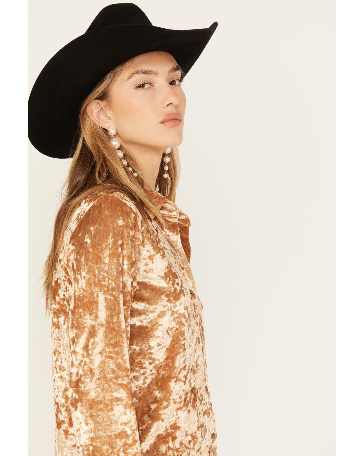 Image #2 - Rock & Roll Denim Women's Velvet Long Sleeve Button-Down Shirt, Tan, hi-res