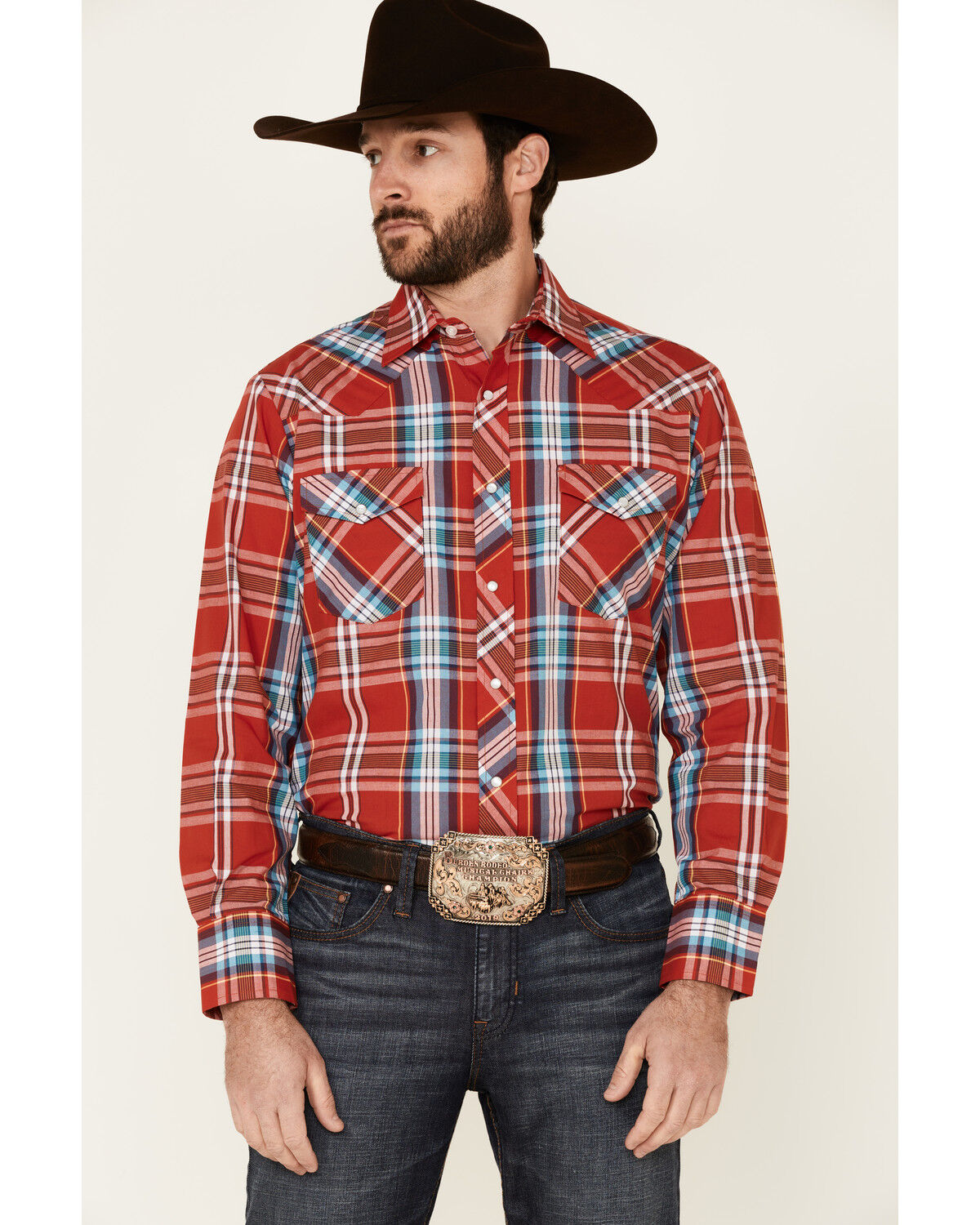 Image #1 - Roper Men's Warm Red Large Plaid Long Sleeve Pearl Snap Western Shirt, Red, hi-res