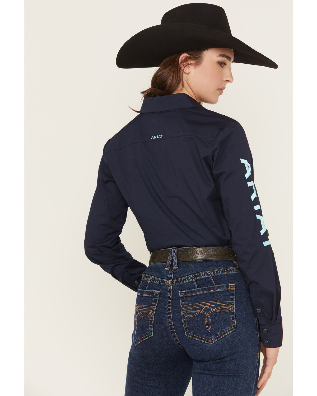 Image #4 - Ariat Women's Team Kirby Solid Long Sleeve Button-Down Stretch Western Shirt, Navy, hi-res