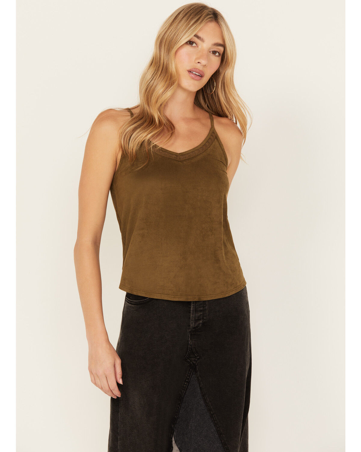 Image #1 - Shyanne Women's Crochet Lace Faux Suede Cami Top, Forest Green, hi-res