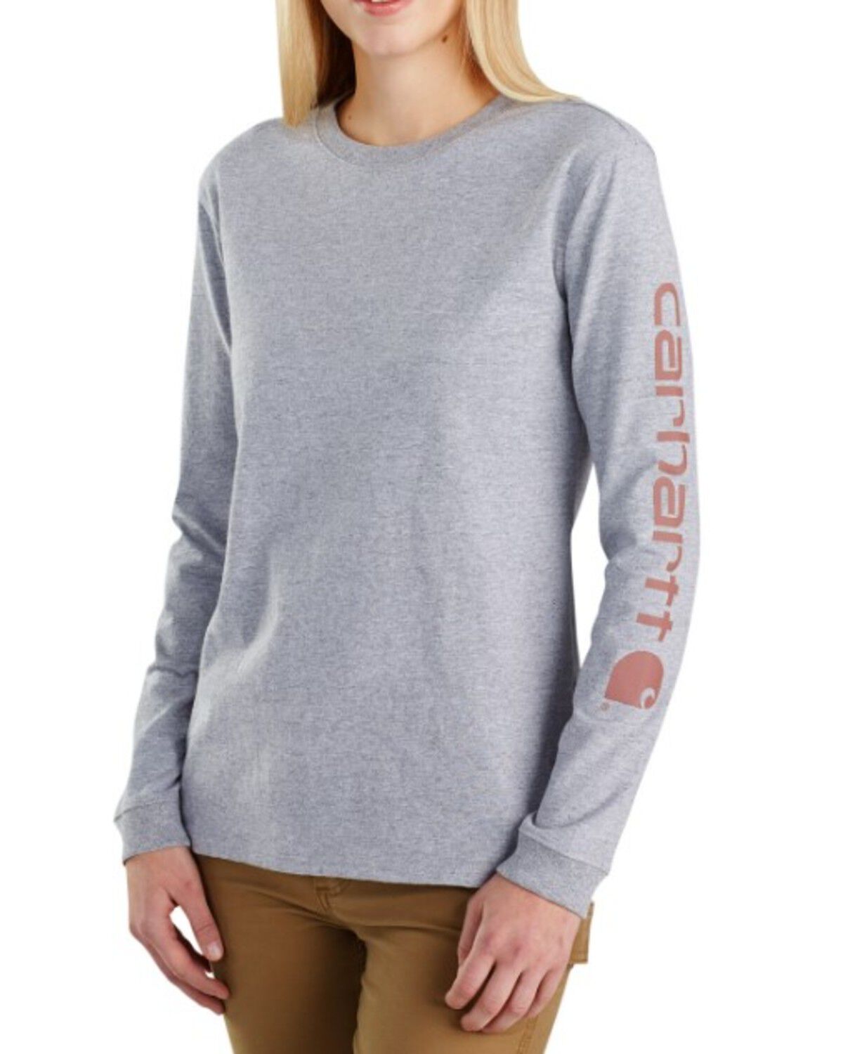 Image #1 - Carhartt Women's Loose Fit Heavyweight Long Sleeve Logo Graphic Work Tee, Heather Grey, hi-res