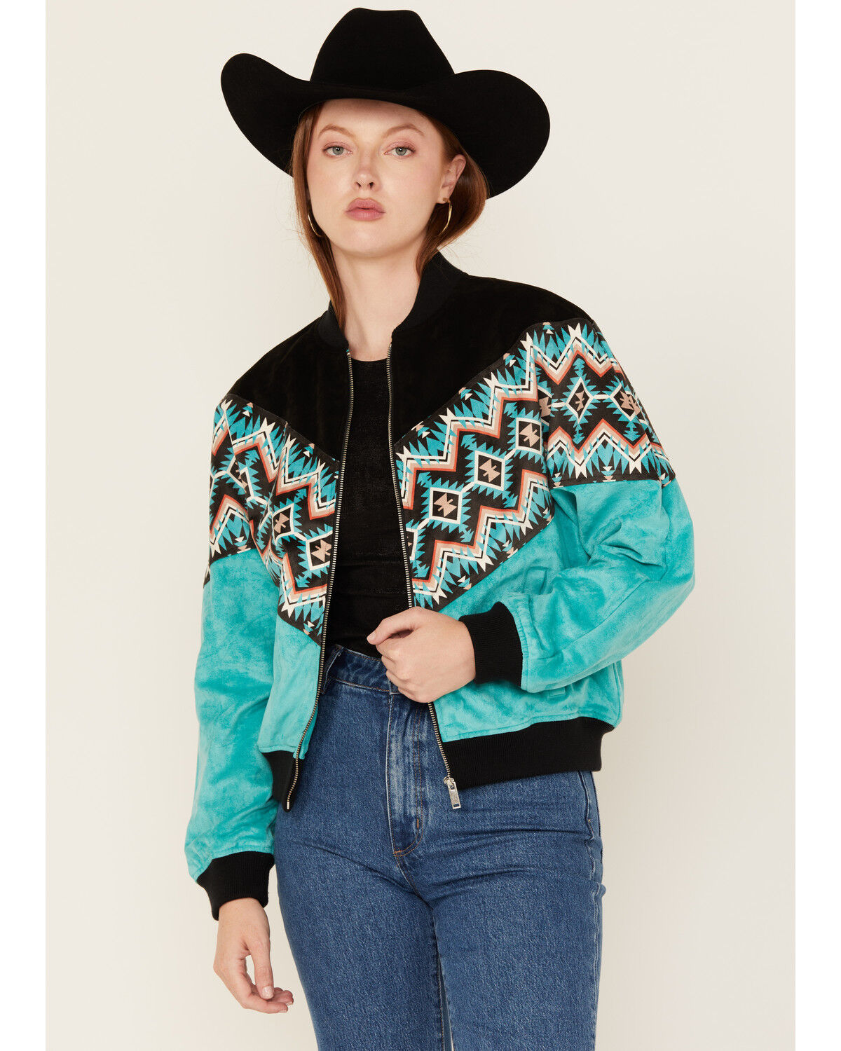 Image #1 - Rock & Roll Denim Women's Southwestern Print Faux Suede Bomber Jacket, Turquoise, hi-res