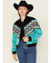 Image #1 - Rock & Roll Denim Women's Southwestern Print Faux Suede Bomber Jacket, Turquoise, hi-res