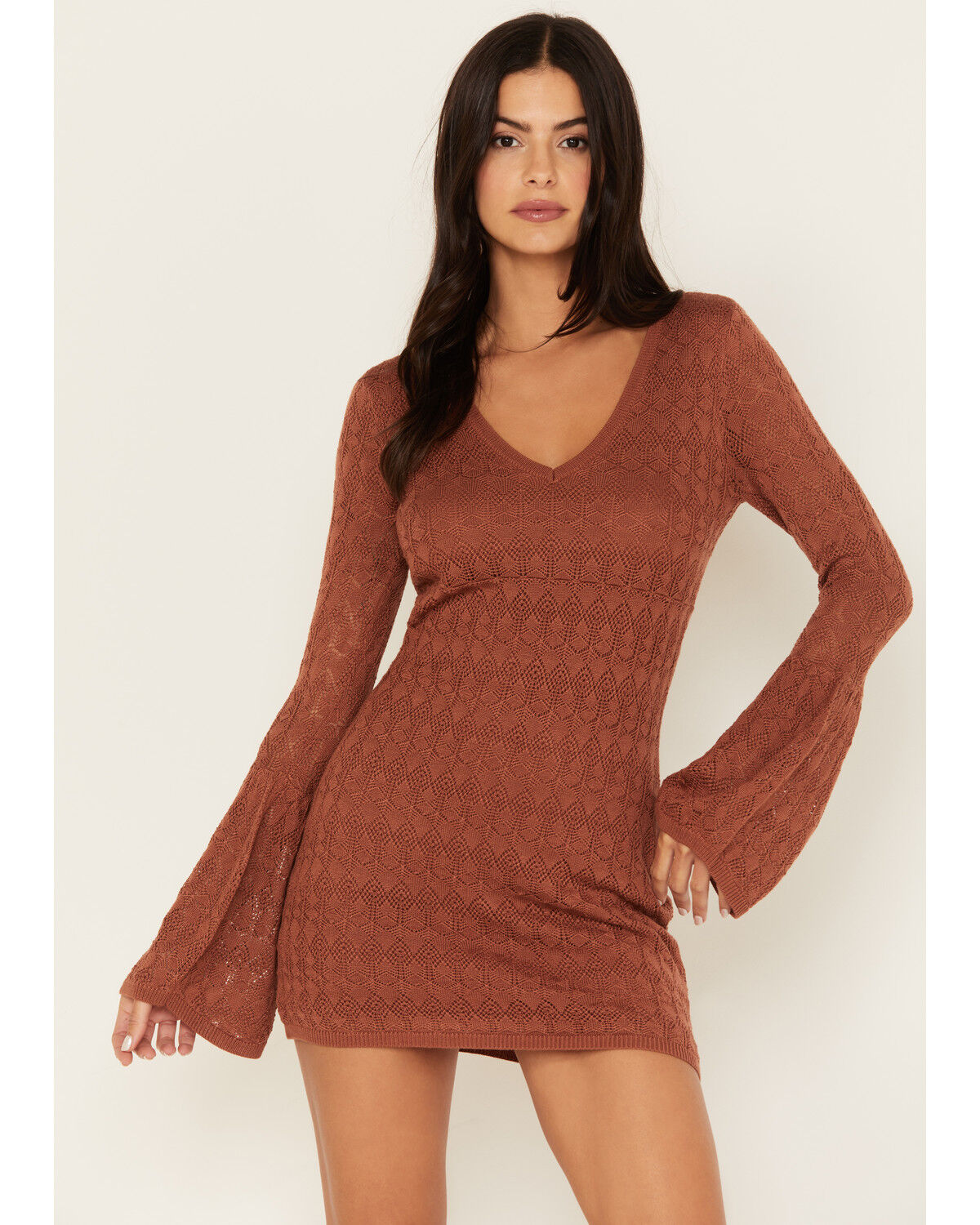 Image #2 - Shyanne Women's Lace Bell Sleeve Mini Dress, Brown, hi-res
