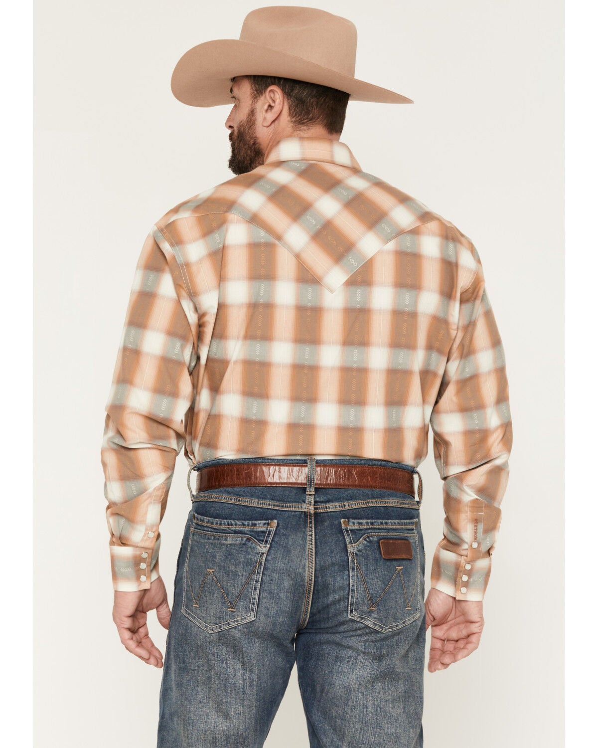 Image #4 - Stetson Men's Dobby Plaid Print Long Sleeve Snap Western Shirt, Tan, hi-res