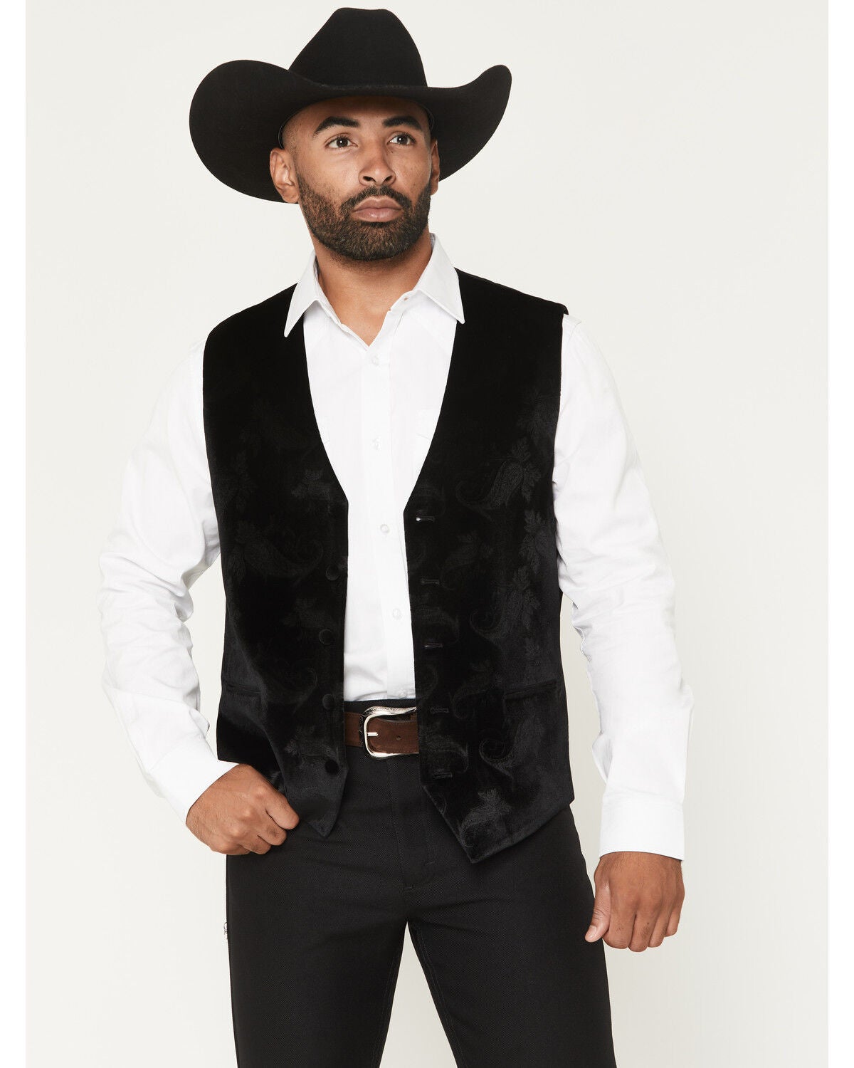 Cody James Men's Velvet Paisley Print Western Dress Vest, Black, hi-res