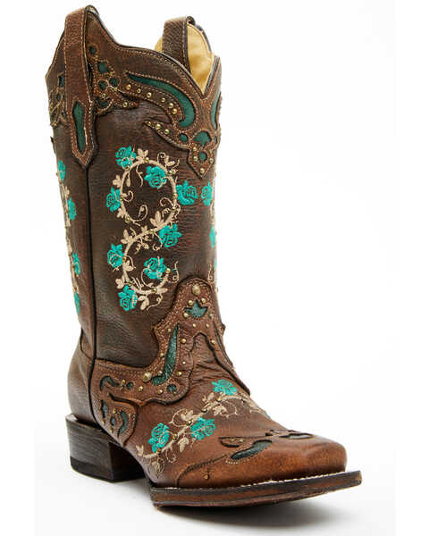Corral Women's Studded Floral Embroidery Western Boots - Square Toe, Brown, hi-res