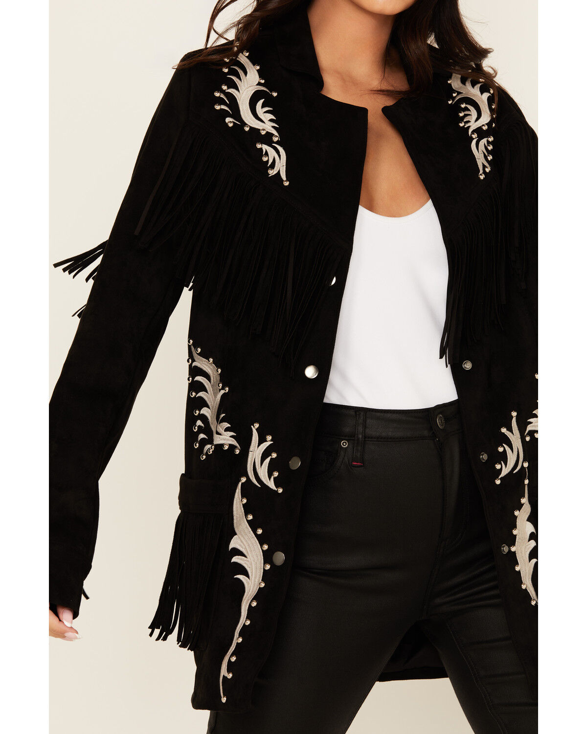 Image #3 - Rock & Roll Denim Women's Faux Suede Fringe Blazer, Black, hi-res