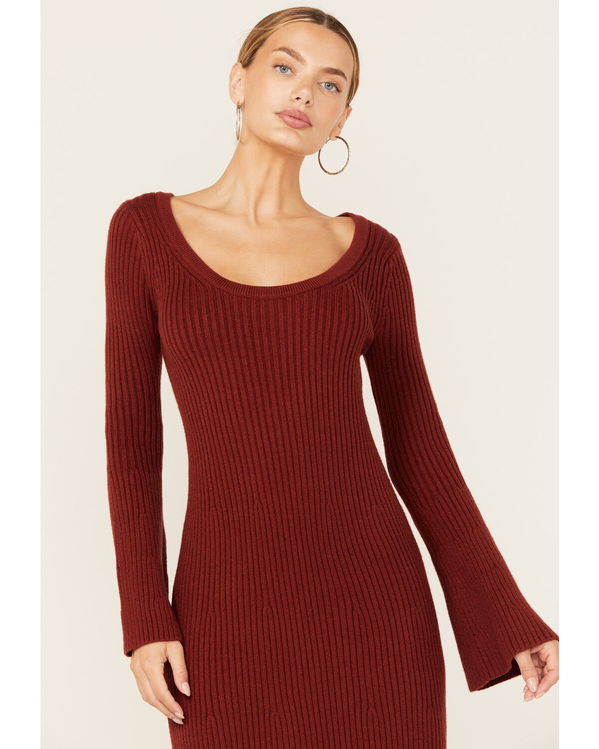 Image #2 - Revel Women's Solid Bell Sleeve Sweater Midi Dress, Rust Copper, hi-res