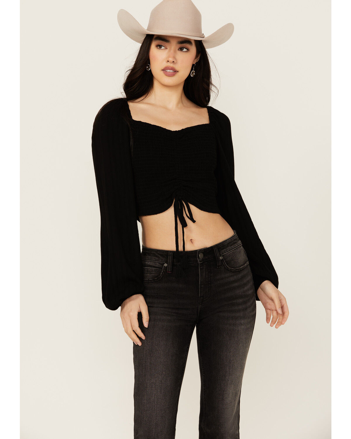 Image #1 - Idyllwind Women's Hazel Smocked Long Sleeve Cropped Blouse, Black, hi-res