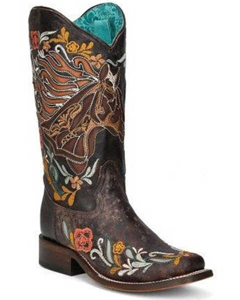 Image #1 - Corral Women's Floral Horse Inlay Tall Western Boots - Square Toe, Brown, hi-res