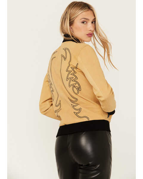 Image #5 - Western & Co Women's Embroidered Leather Bomber Jacket , Tan, hi-res